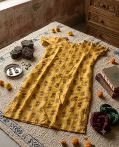 🧡Silk Mustard Yellow Block Print Cotton Kurti🌼