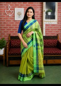 Vibrant Green &amp; Blue Checkered Saree