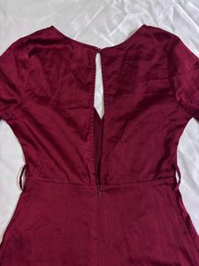 Shein Wine Satin Ruffle Wrap Party Dress