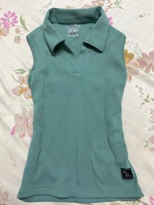 Sleeveless Ribbed Polo Top