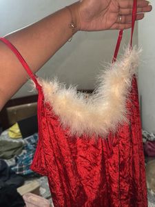 Red Velvet Fluffy Trimmed Dress