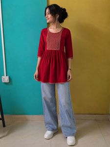 Red Embroidered Peplum Kurti