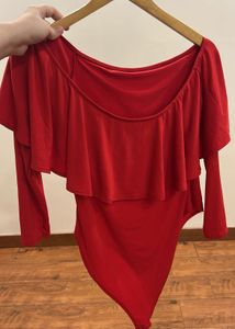 Red Off-Shoulder Ruffle Bodysuit