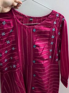Vibrant Pink Striped Kurta with Floral Embroidery