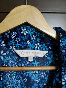 Blue Floral Print Satin Short Sleeve T-shirt