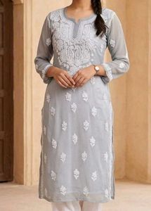 Elegant Grey Chikankari Kurta set with inner
