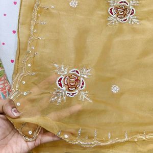 Elegant Golden Saree with Floral Embroidery