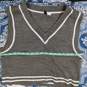 Gray Knit V-Neck Vest with White Stripes