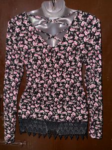 Floral Print Long Sleeve Top with Lace Trim