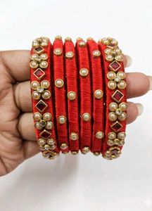 Red Silk Thread Bangles with Pearls & Stones