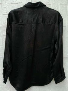 Korean Chic silk Black Textured Button-Up Shirt