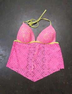 Pink Crochet Halterneck Bikini Top