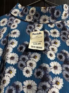 Blue Floral Print Mock Neck Top