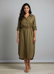 Olive Green Casual Shirt Dress
