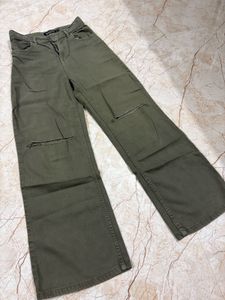 Olive Green Wide Leg Ripped Jeans