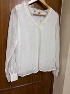 White Sheer Blouse with Lace Trim