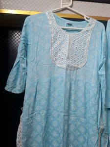 Sky Blue Kurta Set with White Embroidery