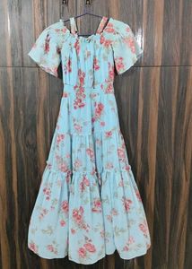 Light Blue Floral Tiered Midi Dress