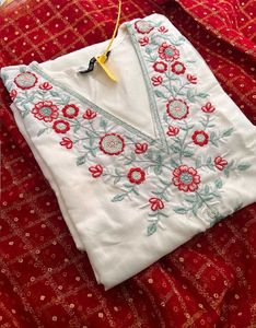 Embroidered White Kurta with Red Dupatta