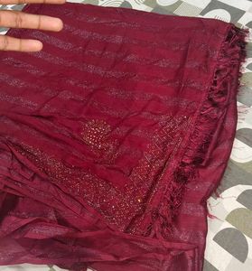 Elegant Maroon Saree with Glitter Stripes