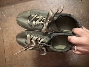 Olive Green Satin Sneakers with Ribbon Laces