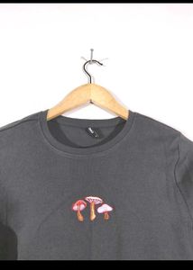 Black Long Sleeve Cropped Top with Mushroom Embroi