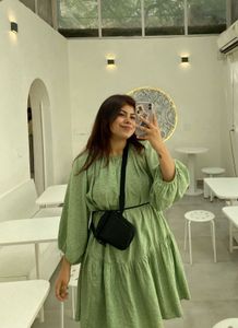 Light Green Tiered Puff Sleeve Dress