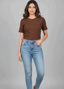 unisex Zudio Casual Brown Ribbed T-Shirt