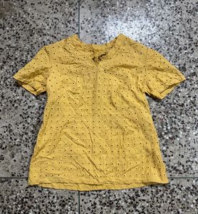 Yellow Eyelet Tie-Neck Top