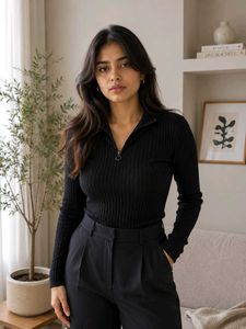 Chic Black Ribbed Quarter-Zip Top