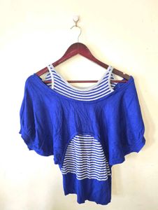 Blue Dolman Sleeve Top with Striped Underlayer