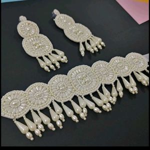 Elegant White Beaded Choker &amp; Earring Set