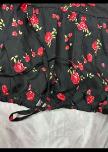 Korean black red rose Floral Print Midi slit Dress