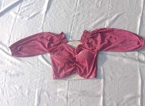 pink glitter Sparkly One-Shoulder crop Top