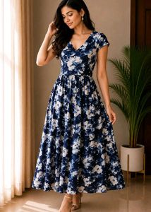 New Chic Floral Print Navy Blue Dress