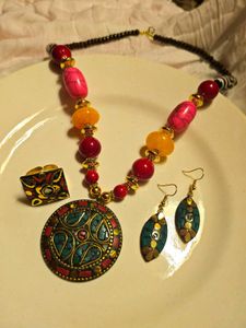 Laq Boho Beaded Necklace, earrings and ring Set