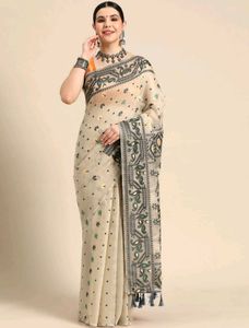 Elegant Cream Saree with Black & Green Border