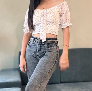 Floral Print Puff Sleeve Tie-Front Top