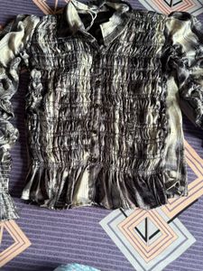 Smocked Print Button-Down Blouse