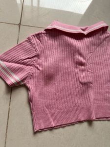 Pink Ribbed Button-Up Knit Top