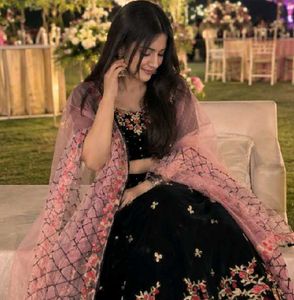 Black Velvet Lehenga Choli with instriced