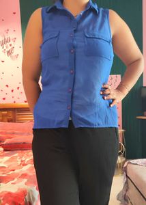 Blue Sleeveless Collared Shirt