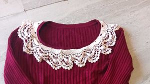 Burgundy Ribbed Sweater with Lace Collar