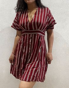 Maroon Striped Button-Up Dress