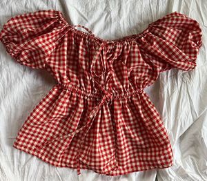Red Gingham Off-Shoulder Puff Sleeve Top