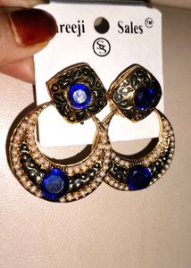 Fancy Earring Blue N White Stone