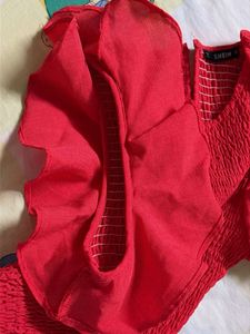 Red Smocked Ruffle Sleeve Top