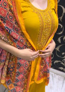 Embellished Yellow Kurta Set with Printed Dupatta