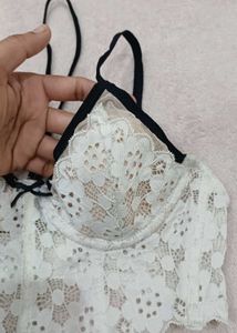 White Lace Bra with Black Straps