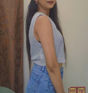 silver knit crop top, sleeveless
